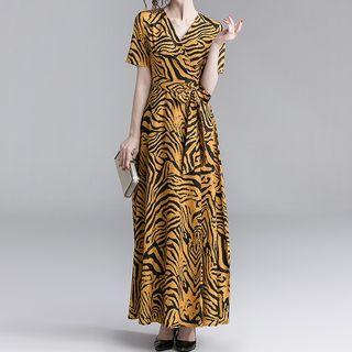 Short-sleeve Zebra Print Maxi A-line Split Dress