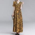 Short-sleeve Zebra Print Maxi A-line Split Dress