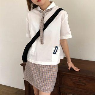 Short-sleeve Shirt With Plaid Neck Tie / Plaid Mini A-line Skirt