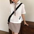 Short-sleeve Shirt With Plaid Neck Tie / Plaid Mini A-line Skirt
