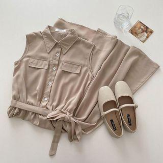 Plain Sleeveless Dress Khaki - One Size