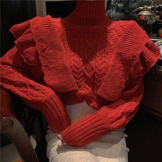 Plain High-neck Ruffle Long-sleeve Sweater Red - One Size