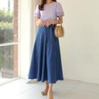 Denim Long Flare Skirt With Sash