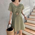 Plaid Short-sleeve Drawstring A-line Dress