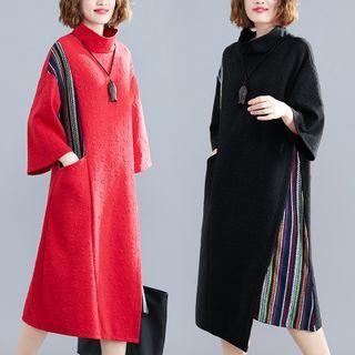 Long-sleeve Mock-neck Striped Panel Midi A-line Dress