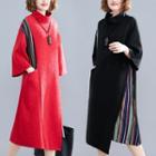 Long-sleeve Mock-neck Striped Panel Midi A-line Dress