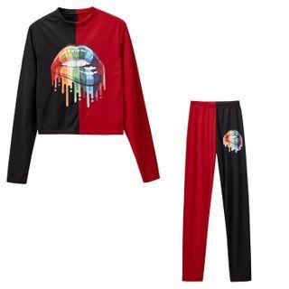 Set: Lips Print Long-sleeve T-shirt + Pants