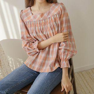 Square-neck Shirred Plaid Blouse