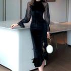 Balloon-sleeve Ruffled Midi Sheath Dress