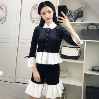 Set: Color Block Ruffle Blouse + Ruffle Shorts