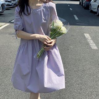 Plain Drawstring Short-sleeve Midi A-line Dress