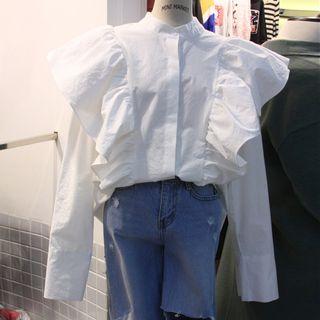 Ruffle-detail Plain Long-sleeve Shirt