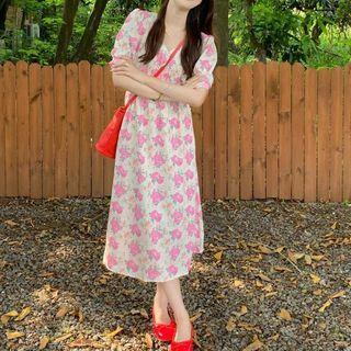 V-neck Floral A-line Dress Pink - One Size