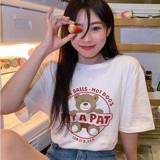 Short-sleeve Bear Print T-shirt / Cropped T-shirt
