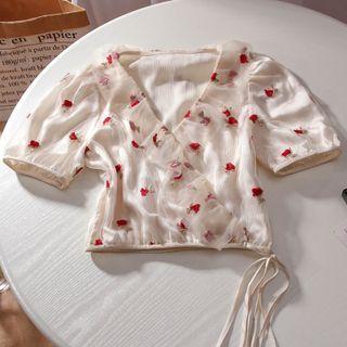 Short-sleeve Floral Print Blouse Red Floral - Light Almond - One Size