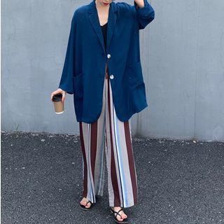 Button Blazer / Striped Wide Leg Pants