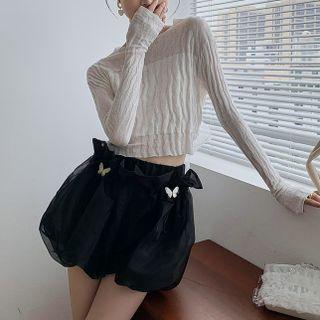 Long-sleeve Bow Crop Top / Mesh Shorts