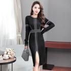 Front Slit Long-sleeve Knit Dress