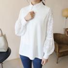 Crew-neck Lace Puff-sleeve Pullover