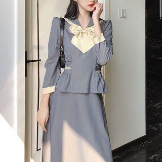 Contrast Trim Tie Neck Top / High-waist A-line Skirt