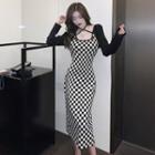 Long-sleeve Checker Knit Midi Sheath Dress
