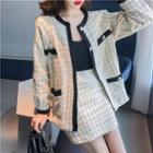 Contrast Trim Plaid Tweed Jacket / High-waist Plaid Skirt