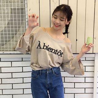 Cold Shoulder Lettering Embroidered Long-sleeve T-shirt