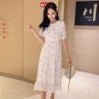 Crochet Trim Beaded Mushroom Pleated Midi Dress