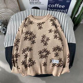 Flower Print Distressed Sweater