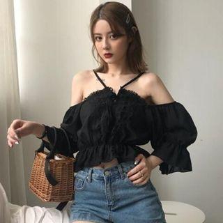 Lace Trim 3/4-sleeve Cold Shoulder Top