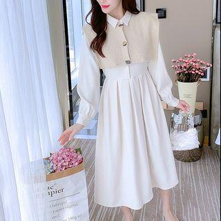 Set: Long-sleeve Plain Shirtdress + Knit Cropped Vest