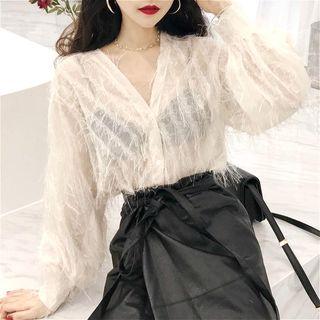 Fringed V-neck Sheer Blouse