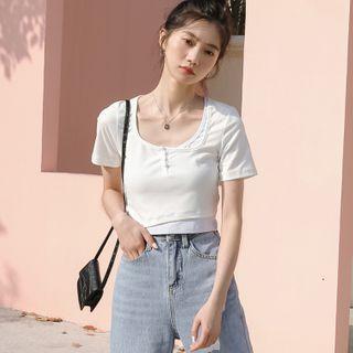 Short-sleeve Mock Two-piece Henley Top