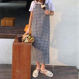 Spaghetti Strap Plaid Midi Dress Navy Blue - One Size
