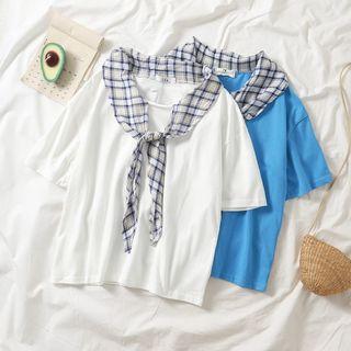 Mock Two-piece Elbow-sleeve Plaid Pane T-shirt
