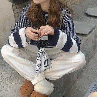 Long-sleeve Mock Two-piece Striped Loose-fit T-shirt As Figure - One Size