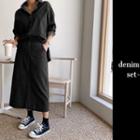 Snap-button Shirt & Zip-fly Skirt Denim Set Black - One Size