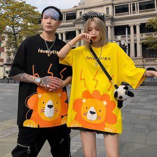 Couple Matching Lion Print Elbow-sleeve T-shirt