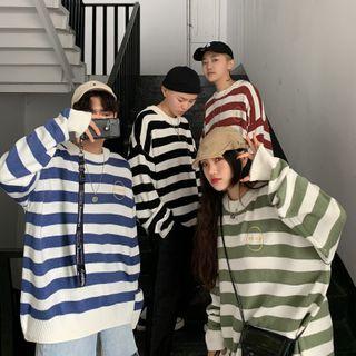 Couple Matching Letter Embroidered Striped Sweater