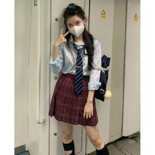 Shirt With Necktie / Plaid Mini A-line Skirt