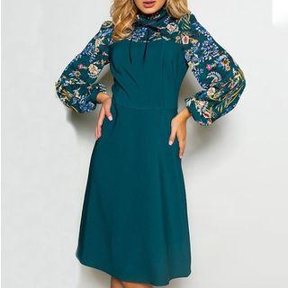 Long-sleeve Bow Accent Floral Printed Dress