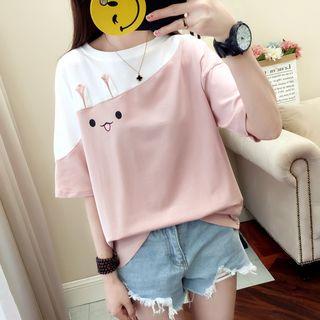 Two-tone Rabbit Print Elbow-sleeve T-shirt