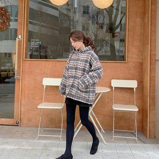 Hooded Wool Blend Boxy Plaid Jacket Dark Gray - One Size