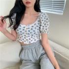 Puff-sleeve Floral Print Crop Top Blue & White - One Size