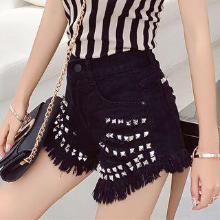 Studded Fringed Hem Denim Shorts
