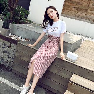 Mock Two-piece Short-sleeve Checker Paneled Midi Skirt