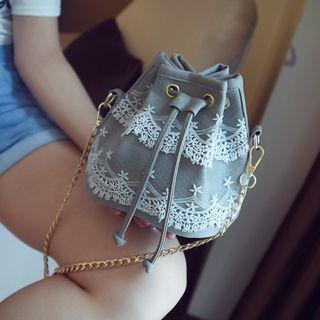 Faux-leather Lace-trim Bucket Bag
