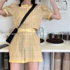 Square Collar Puff-sleeved Plaid Shirt / Plaid Shorts