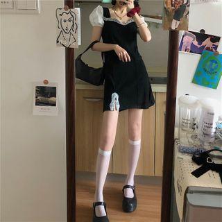 Puff-sleeve Lace Trim Mini Sheath Dress