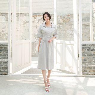Short-sleeve Buttoned Linen Long Dress With Sash